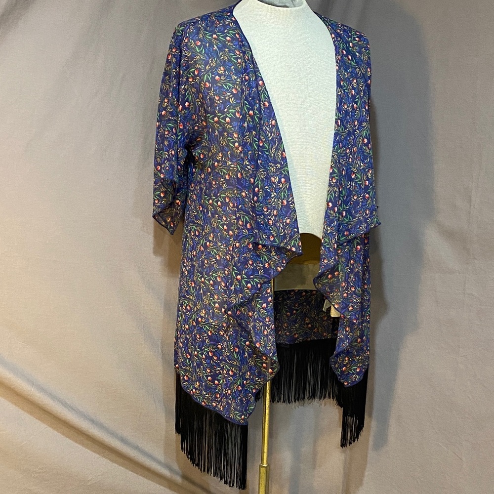 LuLaRoe Sheer Floral Open-Front Kimono with Fringe